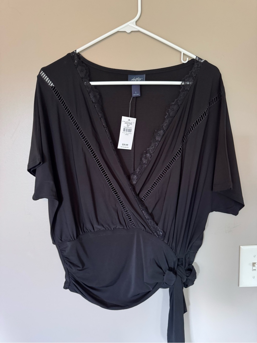 Daytrip Black Wrap-Front Lace Trim Blouse